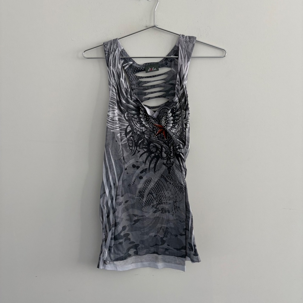 Dots Womens Y2K Graphic Tank Top Gray Camo Wings Studded Cut Out Back